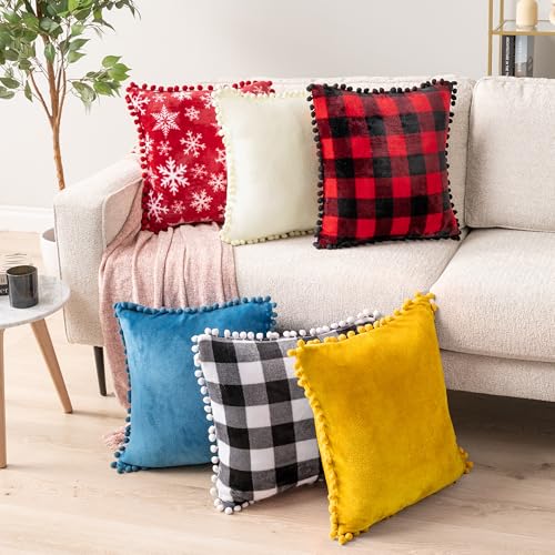 PAVILIA Mustard Yellow Throw Pillow Covers with Pom Pom 18x18 Set of 2, Decorative Pillow Cases for Bedroom Aesthetic, Small Throw Pillows Set for Bed, Velvet Euro Plush Cushion Covers for Sofa Couch - color: Mustard Yellow, size: 18" x 18" (Pack of 2)
