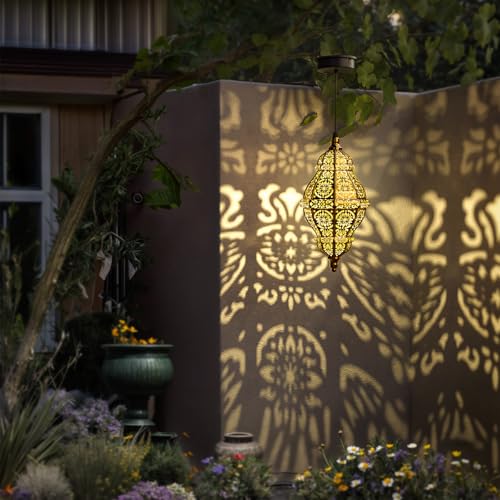 Twinkya Hanging Solar Lights Outdoor Garden Decor, Decorative Waterproof Plastic Moroccan Solar Lantern Lamp, Outside Decorations for Patio Yard Porch Backyard Decor, Gardening Gifts for Women Mom - color: Brown Gold, size: 1pack