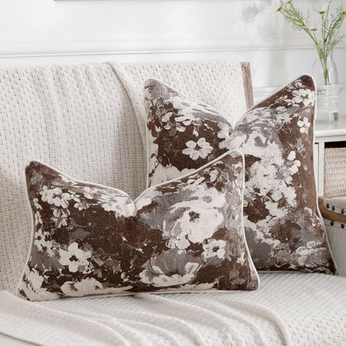 Vintage Floral Throw Pillow Covers 20x20 Set of 2 Neutral Boho Farmhouse Soft Chenille Jacquard Decorative Couch Pillow Covers for Sofa Couch Bed Living Room Home Décor Beige Brown - color: Beige Brown, size: 20" x 20" (Pack of 2)