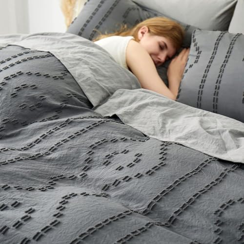 Duvet Cover King, 3PCS Boho Duvet Cover Set, Geometric Pattern Tufted Bohemian Comforter Cover Jacquard Knit Textured Bedding Set with Zipper Closure (Dark Grey) - color: Dark Grey, size: King