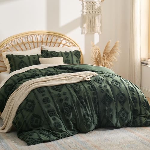 Bedsure Boho Duvet Cover King - Tufted Boho Bedding, Farmhouse-Style Distressed Vintage Embroidery Bedding for All Seasons, 3 Pieces, 1 Soft Jacquard King Comforter Cover and 2 Pillow Shams - color: 07 - Green Tufted (No Comforter), size: King (104" X 90"