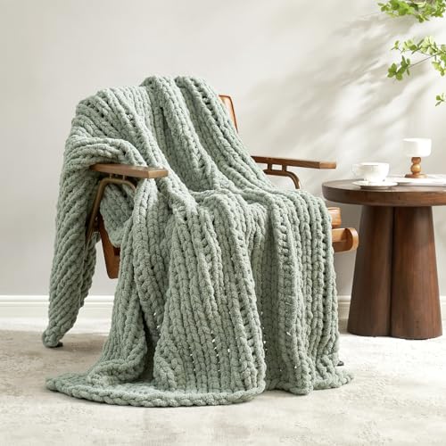 Amélie Home Chunky Knit Throw Blanket for Couch, Soft Chenille Handmade Crochet Throw Rope Knot Blanket for Couch, 50"x60", Sage Green - color: Sage Green, size: 50"x60"