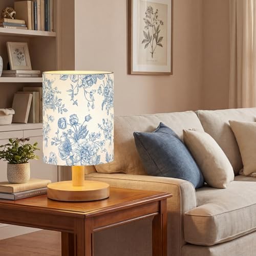 VIHOSE Blue Floral Kids Table Lamp for Bedroom Kids Bedside Lamp with Linen Wooden Nightstand Cartoon Nursery Lampshade for Girls Boys Living Room - style: Blue Floral
