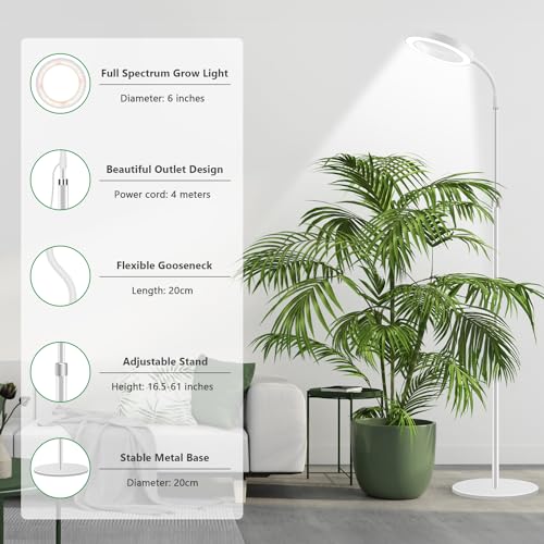 Aumtrly Floor Grow Lights for Indoor Plants, Full Spectrum Plant Light with 68" Stand for Growing Large Tall Plants, White Halo Grow Lamp with 6/12/16H Timer, 3 Light Modes, 5 Dimming - size: 1 head 68inch/white