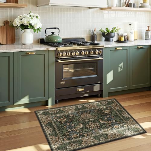 2x3 Floral Washable Area Rug for Entryway, Vintage Boho Rugs for Living Room Bedroom Dining Room, Botanical Birds Non Slip Low Pile Forest Animal Throw Carpet for Farmhouse Office, Retro Gold/Green - color: Gold Green (Larger Pattern), size: 2' x 3' (Rect