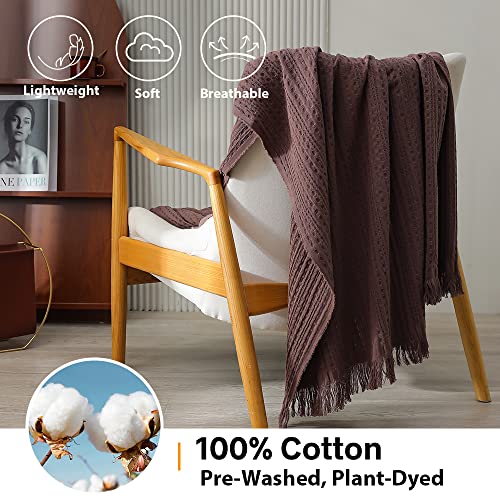 Simple&Opulence 100% Cotton Throw Blanket for Couch, Bed, Waffle Weave Cable Knit Blanket with Tassels, Soft Lightweight Pre-Washed Breathable Cozy Blanket Farmhouse Decoration for All-Season (Brown) - color: Brown