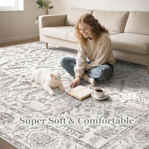 8x10 Area Rugs for Living Room - Washable Soft Large Vintage Rug Non-Slip Stain Resistant Traditional Stain Resistant Indoor Floor Low Pile Carpet for Bedroom Dining Room or Home Office - White - color: White, size: 8' x 10' (Rectangular)