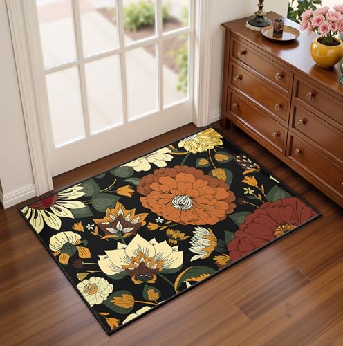 Tyrot Black Boho Floral Rug 2x3, Washable Ultra-Thin Flat Woven Botanical Area Rug, Low Pile Non Slip Indoor Rug for Entryway, Kitchen, Bathroom, Bedroom - color: Warm Ember, size: 2' x 3' (Rectangular)