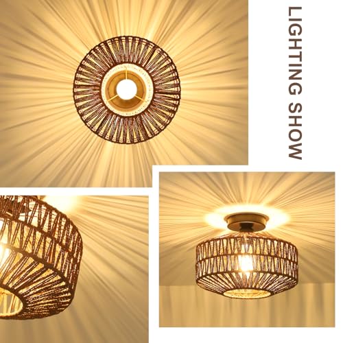 Boho Rattan Light Fixtures, Dimmable Ceiling Light with LED Bulb, Hand Woven Rattan Chandelier for Bedroom, Living Room, Entryway (Dark Brown) - color: Dark-Brown