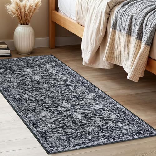 KILOCOCO Washable Runner 2x5 Rug Runner Printed Vintage Floral Kitchen Runners Non-Slip Rubber Backed Runners for Hallways Distressed Thin Soft Rugs for Entryway Laundry Room, Black/Navy/White - color: Black/White, size: 2' x 5' (Runner)