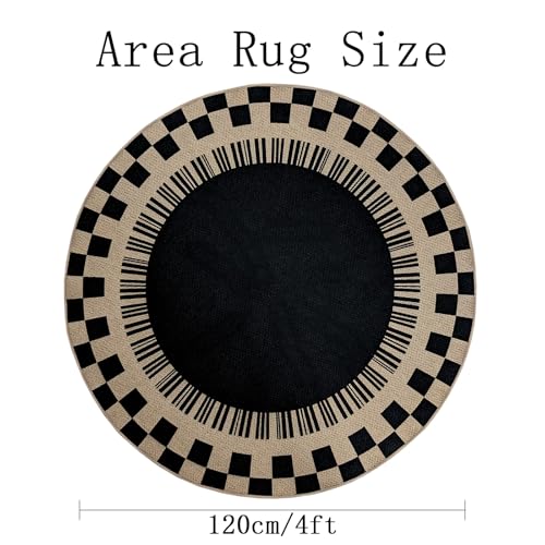 Easy Jute Checkered Rug, 4Ft Round Modern Indoor Outdoor Farmhouse Carpet, Washable Non-Slip Thin Neutral Floor Mat for Living Room Patio Kids Pets Room Playroom Home Office Kitchen, Black - color: Black Checker, size: 4'