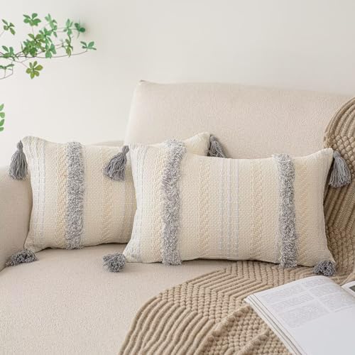 Boho Throw Pillow Covers 12x20 Set of 2 Woven Tufted Farmhouse Pillows Cover with Tassels Textured Striped Cushion Case Lumbar Pillow Cases Decorative Pillowcase for Sofa, Couch, Bed, Light Grey - color: Light Grey, size: 20" x 12" (Pack of 2)