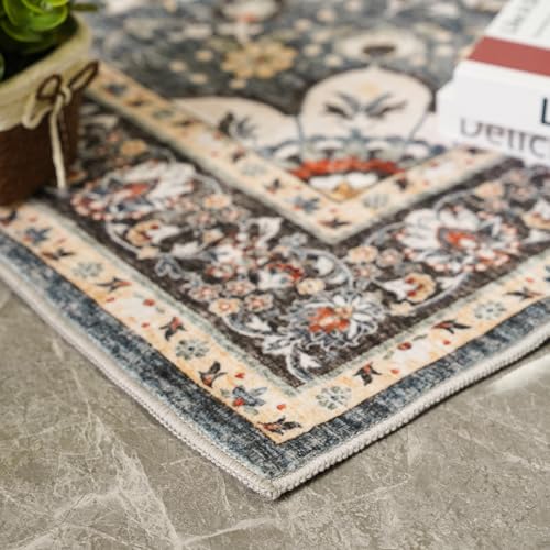 Washable Oriental Area Rug - 2x3 Rugs for Living Room Soft Carpet for Bedroom Waterproof Floral Distressed Indoor Stain Resistant Non-Shedding Floor Carpets (Blue, 2x3) - color: Blue, size: 2' x 3' (Rectangular)
