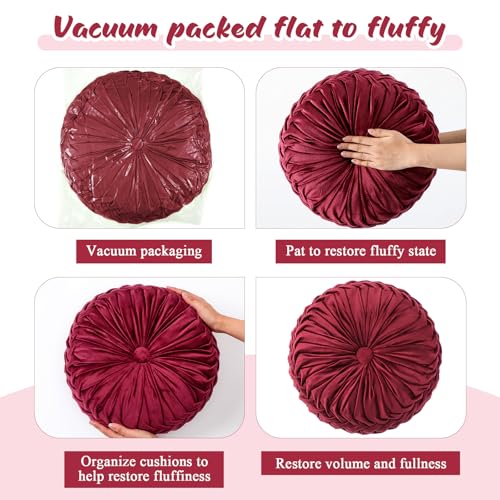 Drydiet 1 Pcs Round Throw Velvet Pillows Decorative Pleated Throw Pillows Diameter Accent Pumpkin Boho Chair Cushion for Couch Sofa Home Decoration (Burgundy,15'') - color: Burgundy, size: 15''