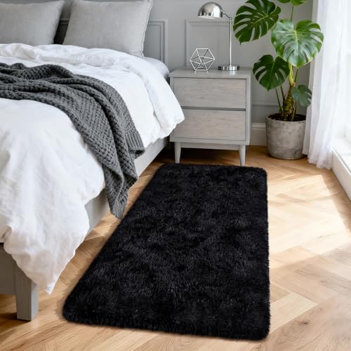 Merelax Fluffy Shaggy Small Area Rug, Black 2x4 Runner Rugs for Bedside Christmas Decor, Mini Fuzzy Plush Throw Rug, Soft Non-Slip Entryway Shag Catpet for Livingroom Holiday Home Aesthetic - color: Black, size: 2' x 4' (Rectangular)