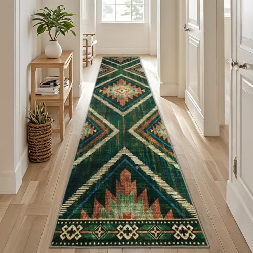2x10Ft Boho Runner Rugs for Hallway Non Slip, Green Washable Kitchen Rugs, Soft Moroccan Farmhouse Entryway Runner, Low Pile Geometric Floor Carpet for Entrance Bedroom Home Decor - color: Green, size: 2' x 10' (Rectangular)
