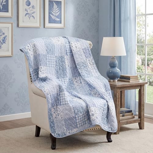 Quilted Throw Blanket 50"x 60" Blue Floral Patchwork Quilt Throw Blanket Reversible Lightweight Shabby Farmhouse Lap Quilt for Couch Sofa Bed Decor