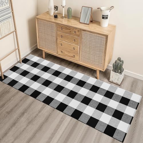 Checkered Runner Rugs 2x6 ft Black White Buffalo Plaid Cotton Woven Rug, Washable Runner Rug for Hallways Kitchen Bedroom Living Room Porch Farmhouse Decor Area Rug - color: Black and White, size: 2‘×6’