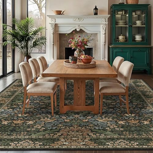 8x10 Floral Washable Area Rug for Living Room, Vintage Boho Large Rugs for Bedroom Dining Room, Botanical Birds Non Slip Low Pile Forest Throw Carpet for Farmhouse Office, Retro Gold/Green - color: Gold Green (Larger Pattern), size: 8' x 10' (Rectangular)