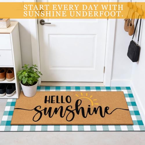 Tinideya 2 Pcs Summer Door Mat 17"x47" Hello Sunshine Welcome Non Slip Coir Blue White Plaid Buffalo Mats Large Floor Layering Doormats Seasonal for Front Porch Entryway Decor(Hello Sunshine)