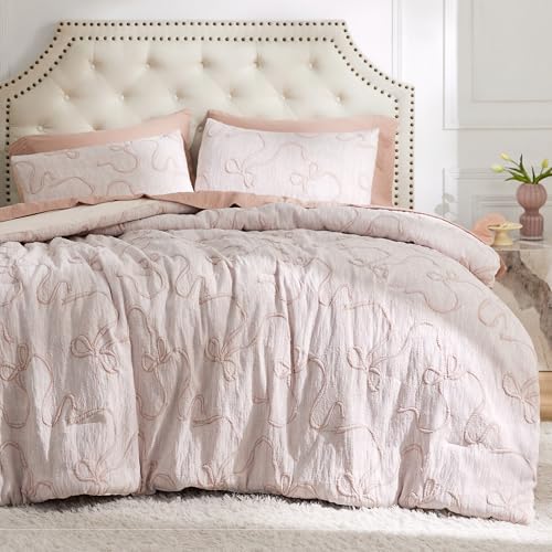 Bedsure Pink Comforter Set Queen, GentleSoft™ 3 Pieces Breathable Bow Comforter Set Women Girls with 2 Pillow Shams, Cute Queen Bedding Sets Pink Room Decor Aesthetic Bedroom Decor, 90x90 Inches - color: 01 - Bow Pink, size: Queen (90" x 90")