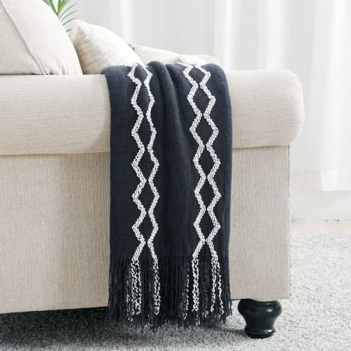 BOURINA Fluffy Chenille Knitted Fringe Throw Blanket Lightweight Soft Cozy for Bed Sofa Chair Throw Blankets, Navy 50" x 60" - color: A-navy, size: 50"×60"