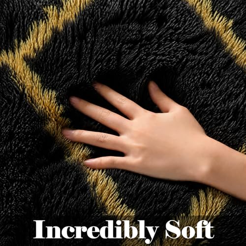 ONASAR Area Rugs for Bedroom Living Room, 4x6 Fluffy Black and Gold Throw Rug, Shaggy Geometric Floor Mat for Home Decor, Soft Plush Carpet for Kids Teen Playroom Dorm Classroom Office - color: 2- Black / Gold, size: 4' x 6' (Rectangular)