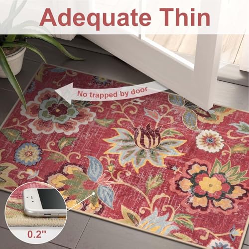 Beeiva Floral Washable Runners for Hallways Non Slip, 2x8 Red Long Hallway Runner Rugs with Rubber Backing, Ultra Thin Christmas Vintage Kitchen Rugs Non Skid for Entryway Bathoom (Red,2'x8') - color: Red, size: 2' x 8' (Rectangular)