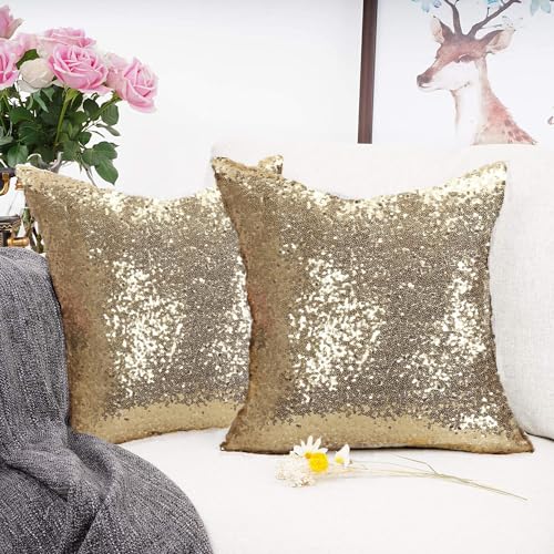 ShinyBeauty Gold Pillow Covers Decorative Throw Pillow Sofa Pillow Covers 20x20-Inches 2 Packs Sequin Pillow Cases Champagne Small Gold Pillows Cover for Home, Couch,Party Decorations - color: Champagne Gold, size: 20" x 20" (Pack of 2)