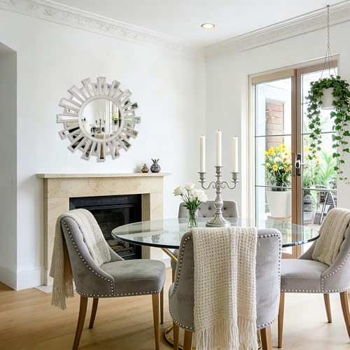 Round Mirrors for Wall Decor, 24" Sliver Sunburst Mirror,Starburst Mirror for Living Room,Hallway,Bedroom Fireplace - color: Sliver-02, size: 24"L x 24"W