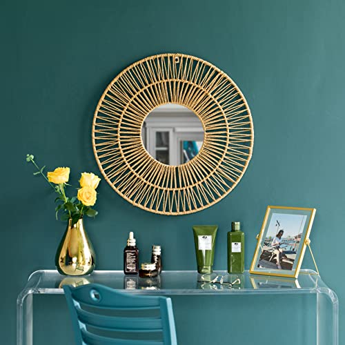 Vintiquewise Decorative Woven Paper Rope Round Shape Bamboo Wood Modern Hanging Wall Mirror - size: 2"L x 19"W