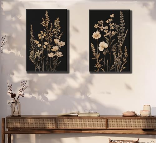 2Psc Dark Botanical Wall Art Vintage Black Flower Painting Picture Wall Decor Moody Flower Poster Print Artwork for Living Room Bedroom or Office Home Decoration 16x24 Inch - color: Retro Flowers 7, size: 24"L x 16"W