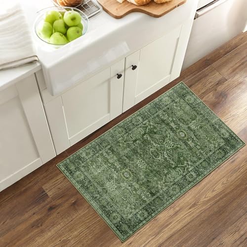 2x3 Entryway Rug Green Washable Vintage Rugs for Entryway Kitchen Low Pile Non-Slip Door Mat Traditional Distressed Small Throw Area Rugs for Kitchen Entrance Bathroom Green - color: Green, size: 2'*3'(Rectangular)
