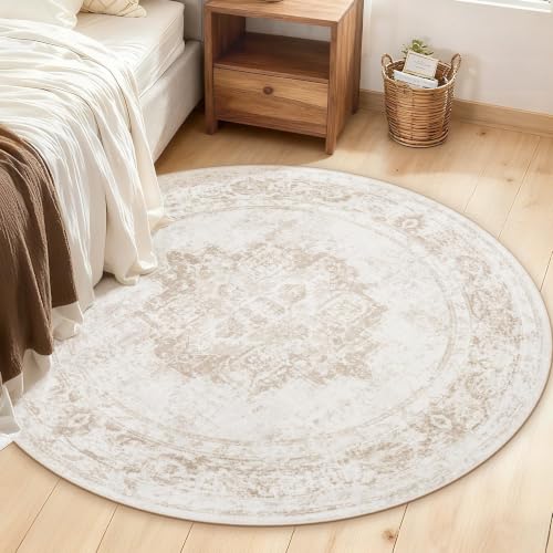 Round Rug 4ft Vintage Rugs: Small Washable Circle Rug Distressed Non Slip Circular Carpet for Living Room Bedroom Kitchen Home(Beige, 4' Round) - color: Beige, size: 4' (Round)