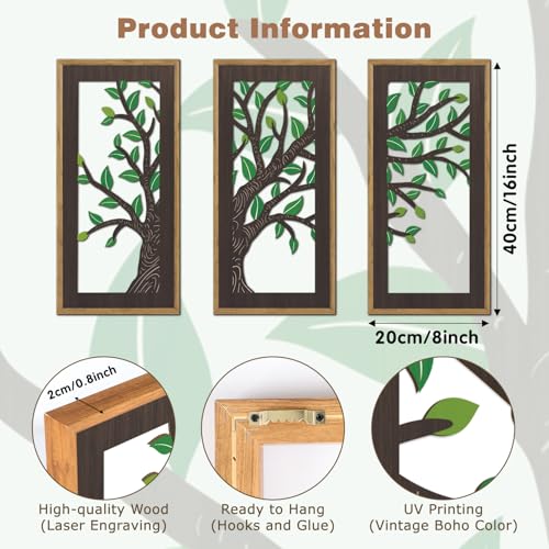 KAIRNE Wooden Tree Branch Framed Wall Art(Set of 3, 16”x8”),Abstract Tree of Life Hollow Artwork Decor,Rustic Birch Green Leaves Wood Decor,Modern Tree Farmhouse Decor for Living Room Bedroom Kitchen - color: Tree Branch, size: 8"L x 16"W