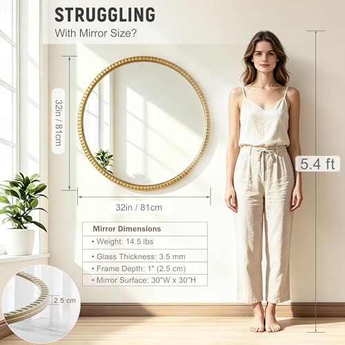 Large Beaded Round Gold Mirror 32" – Metal Frame Circle Wall Mirror, Simple Modern Accent Mirror for Bathroom, Vanity, Entryway, Living Room - color: Simple - 32"l X 32"w