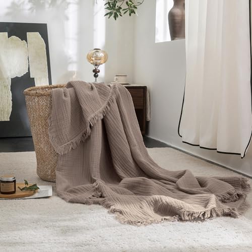 FOSSA Muslin Blanket with Fringe - 4-Layer 100% Cotton Gauze Super Soft & Breathable Throw -Lightweight Decorative Cooling Blanket for Bed, Sofa, Office (Pale Brown, Throw XL (50" × 70")) - color: Pale Brown, size: Throw XL (50" × 70")