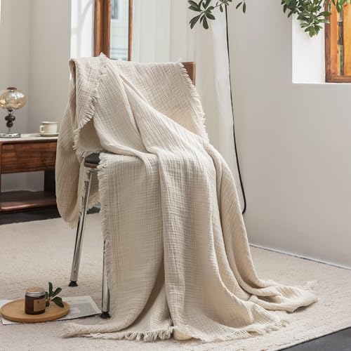 FOSSA Muslin Blanket with Fringe - 4-Layer 100% Cotton Gauze Super Soft & Breathable Throw -Lightweight Decorative Cooling Blanket for Bed, Sofa, Office -Throw XL Size 50" × 70" (Beige) - color: Beige, size: Throw XL (50" × 70")