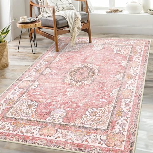 Pink Rug 3'x5',Washable Area Rugs for Bedroom Living Room Kitchen Entryway Bedside,Small Boho Vintage Bohemian Distressed Oriental Non Slip Carpet,Blush Floral Flowers - color: Pink, size: 3'x5'