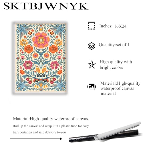 SKTBJWNYK Mexican Wall Art Vintage Mexican Floral Canvas Wall Art Colourful Floral Painting Boho Botanical Prints Rustic Home Decor for Living Room Bedroom 16x24 Inch Unframed - color: Blue Mexican Flower, size: 24"L x 16"W