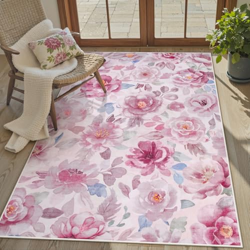 Lahome Floral 3x5 Area Rug for Bedroom, Non-Slip Entry Way Rugs Indoor Ulta-Thin Washable Stain Resistant Boho Throw Rugs for Bathroom Bedroom Vanity（3x5,Pink - color: Pink/Camellia, size: 3' X 5'(rectangular)