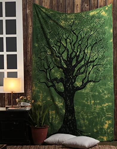 Indian Mandala Tree of Life Cotton Window Door Curtains Hippie Wall Hanging Boho Living Room Door Curtains Dorm Decor Tapestry Gyppsy Wall Drapes, Window Treatment Twin 82 x 52 Inch - color: Yellow & Green, size: 52"W x 82"L (Pack of 1)