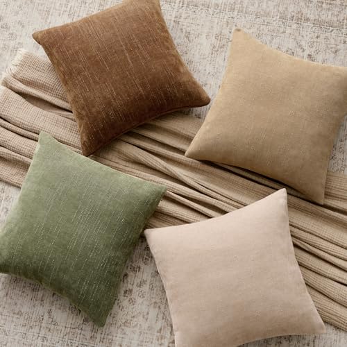 Set of 2 Textured Throw Pillow Covers Decorative Soft Accent Square Chenille Pillowcases Neutral Farmhouse Cushions Modern Home Decor for Couch Sofa Bedroom Living Room 18x18 Inch, Beige - color: Beige, size: 18" x 18" (Pack of 2)