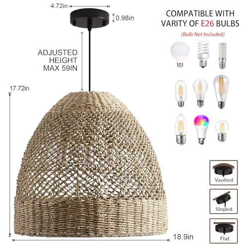 18.9" Large Rattan Chandelier,Rattan Pendant Lights Boho 3-Lights Wicker Hand-Woven Kitchen Island Pendant Lighting for Kitchen Islands Dining Rooms, - size: 3-Light 18.9 inch