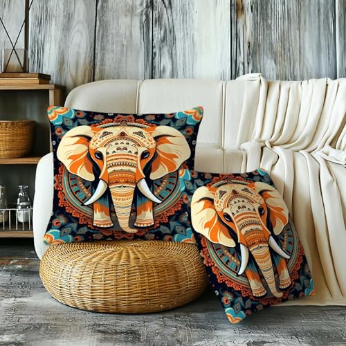 Firmiso Mandala Elephant Throw Pillow Covers 18x18 Set of 2 | Decorative Cushion Covers for Sofa Couch Bed | Boho Tribal Inspired Home Decor Pillow Cases | Orange Teal Accent - color: Boho Elephant
