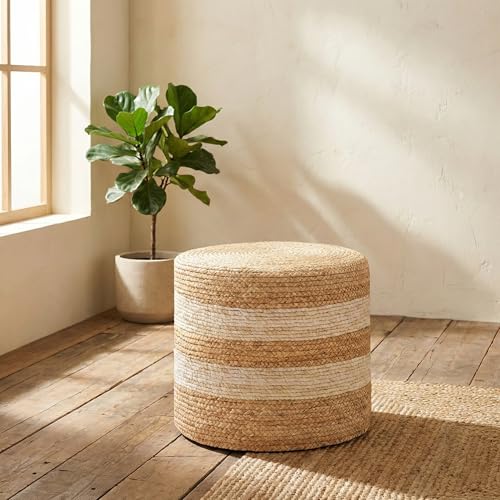 Handmade Water Hyacinth Ottoman - 17.7" Round Woven Foot Stool with High-Density Padding - Decorative Straw Pouf for Living Room & Bedroom, Boho Floor Seating & Small Tea Table, White