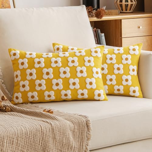 EMEMA Fall Yellow Decorative Throw Pillow Covers 12x20 Inch Set of 2 Sun Flower Jacquard Daisy Cute Pillowcase Cushion Case Rectangle for Couch Sofa Bed Living Room Bedroom - color: A-yellow, size: 20" x 12" (Pack of 2)