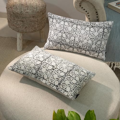 Handblock Printed Vintage Indian Cotton Decorative Throw Pillow Covers, Set of 2 (Charcoal Floral, 12" x 20" (Pack of 2)) - color: Charcoal Floral, size: 20" x 12" (Pack of 2)