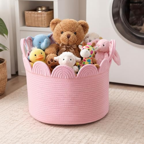 LemonRoad Pink Round Basket Large Blanket Basket 15.8" L X 15.8" W X 13.8" H Scalloped Woven Baskets Cotton Storage Baskets for Nursery Classroom Closet Blankets Storage Home Decor - color: Pink, size: 15.8" L X 15.8" W X13.8" H