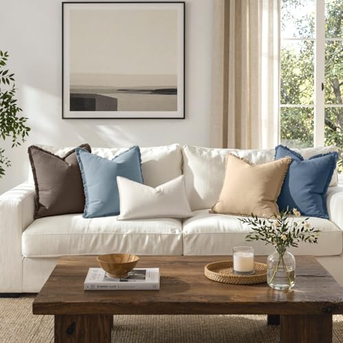 ANRODUO Set of 2 Decorative Throw Pillow Covers 24×24 Inch Soft Linen Fringe Farmhouse Boho Vintage Cushion Covers with Tassels Accent Pillowcase for Couch Sofa Bed Living Room Summer Blue Ashes - color: Blue Ashes, size: 24" x 24" (Pack of 2)